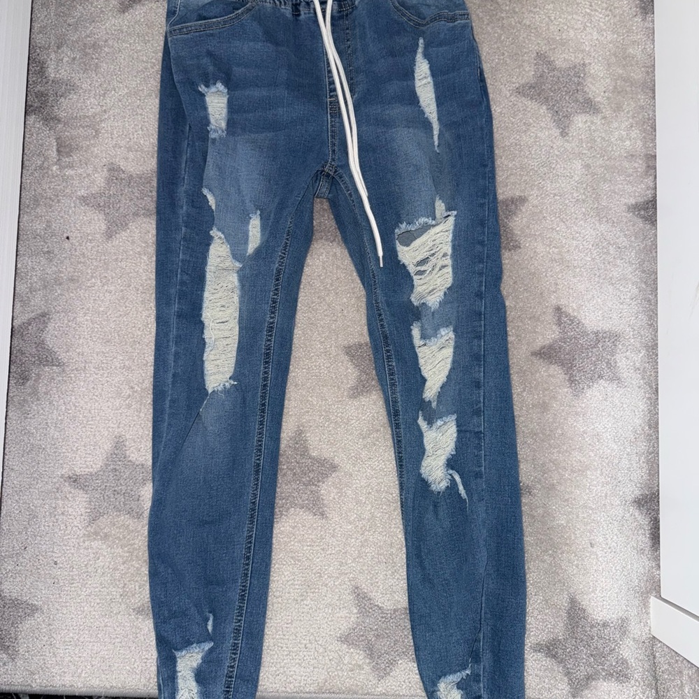 Distressed Blue Jeans with Drawstring - Picture 2 of 4